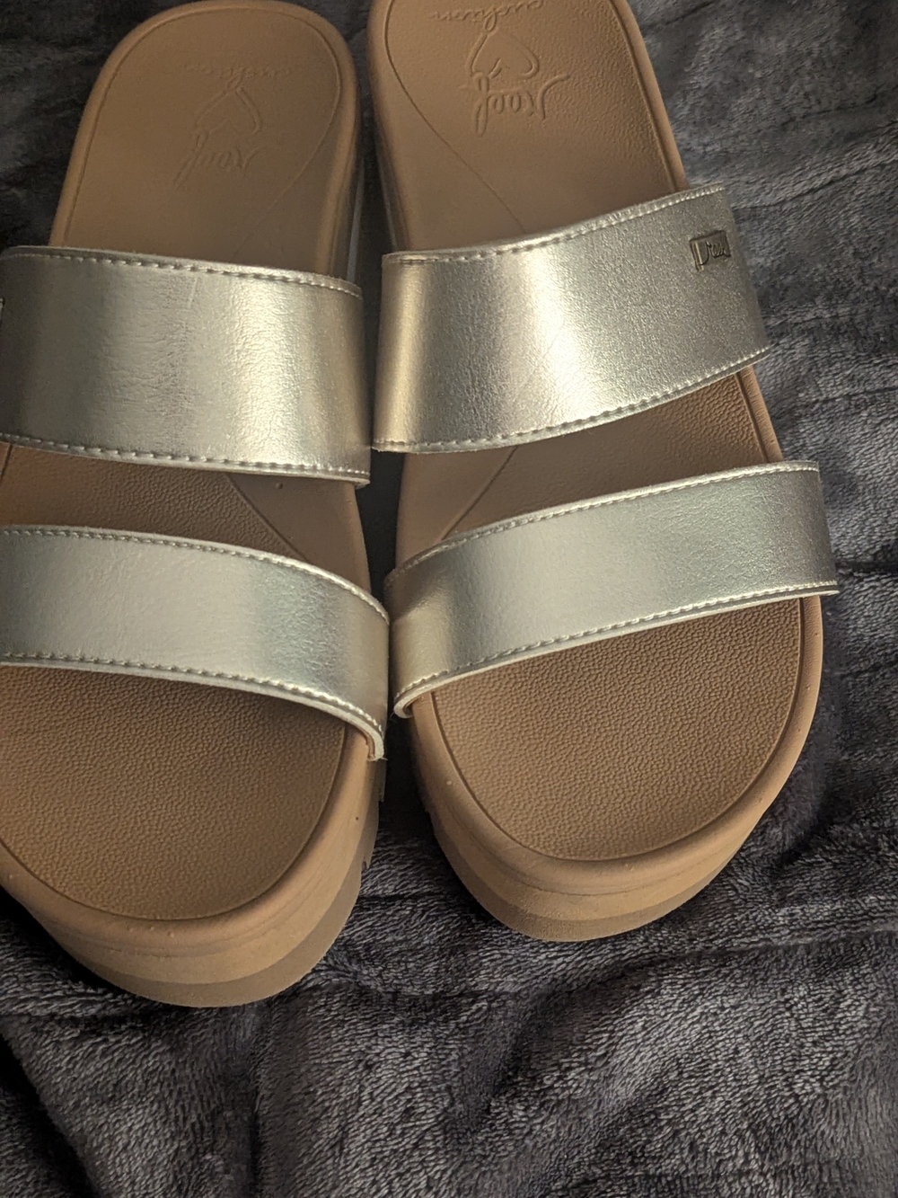 Reef Women’s Gold Double-Strap Slide Sandals with Tan Footbed